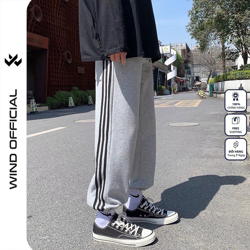 Quần jogger ống rộng WIND unisex Bó Chun dây rút basic 3 LINE nam nữ oversize | WebRaoVat - webraovat.net.vn