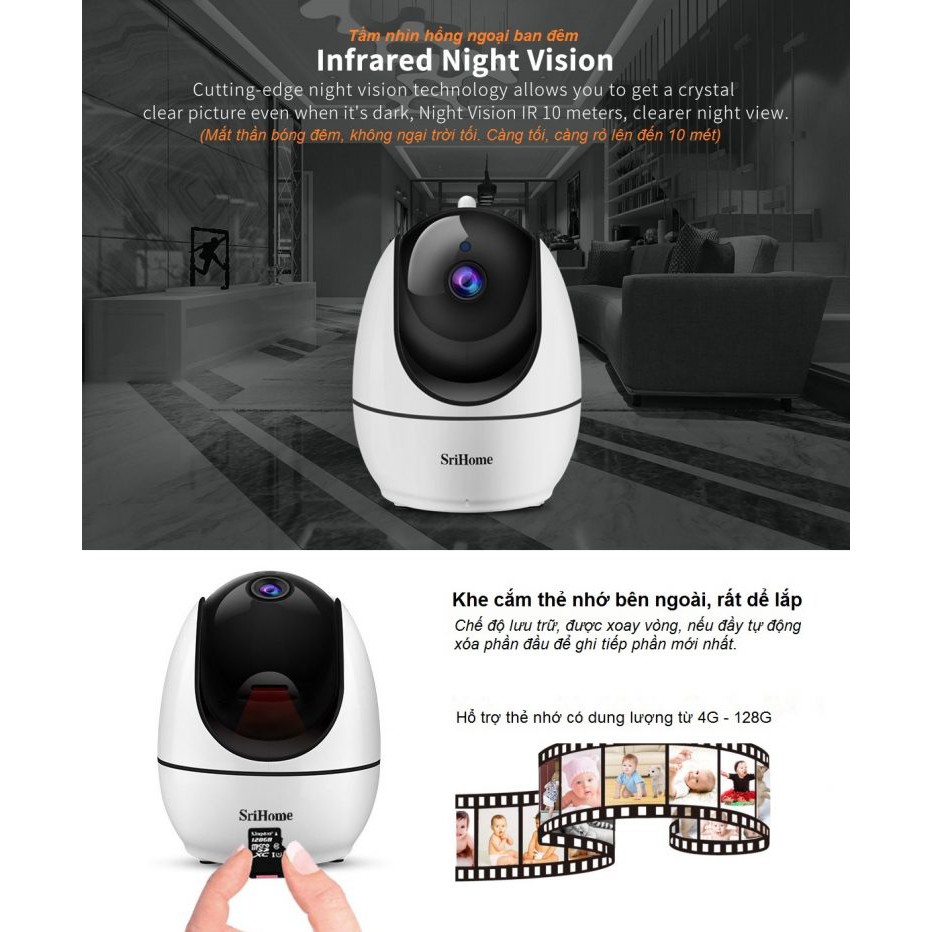 Camera IP Wifi SriHome SH026 3.0MP FullHD+ 1536P, 1 Anten, xoay 355 độ (Trắng) - 4 Phân Loại tùy chọn