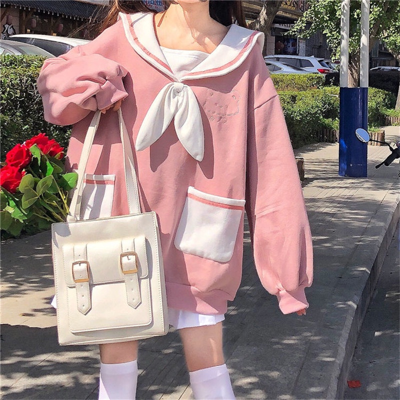 IELGY         Áo sweater Dáng Rộng Cổ Bẻ Đính Nơ Ngọt Ngào Đáng Yêu Kiểu Nhật Bản Cho Nữ