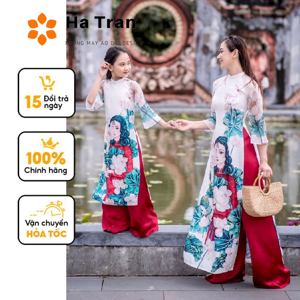 Áo dài truyền thống đôi mẹ bé sen trắng tinh khiết thanh lịch madam Hà Trần