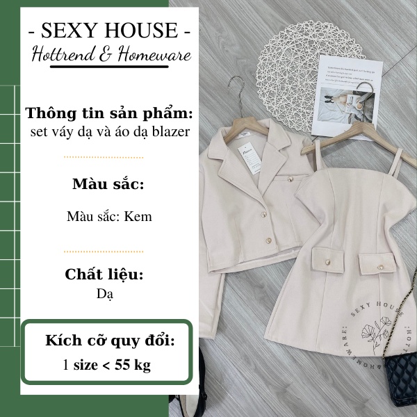 Set áo khoác dạ blazer túi ngọc kèm váy dạ hai dây siêu sang S222 SEXYHOUSE
