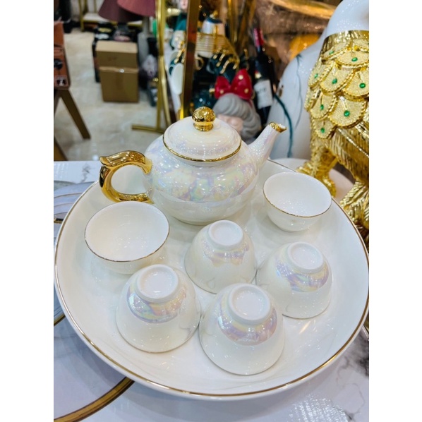 Bộ ấm chén sứ ánh trai viền vàng khay tròn-Bộ trà đẹp