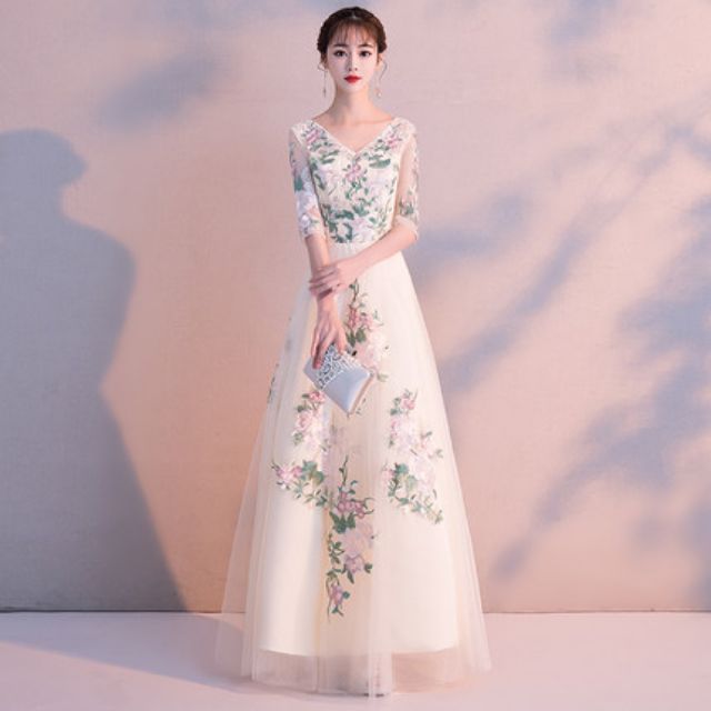 Váy dự tiệc/phù dâu thêu hoa LY8025_Có ảnh thật khách mặc (HÀNG ORDER 10-15 NGÀY)