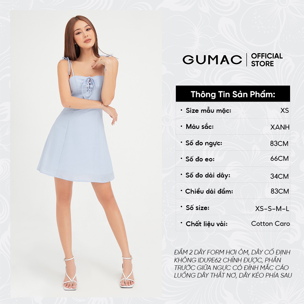 Đầm 2 dây mắt cáo GUMAC màu xanh trơn phong cách dễ thương DB487 | BigBuy360 - bigbuy360.vn