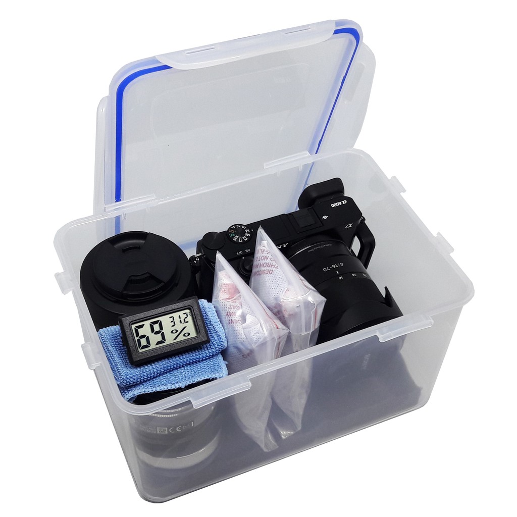 Combo Hộp chống ẩm 5 lít + ẩm kế + 200g hạt hút ẩm  cho máy ảnh, máy quay phim