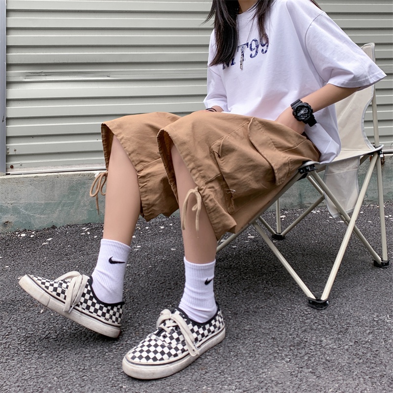 Quần ngắn ống rộng Lưng Cao Phối Dây Rút Có 3 Màu Thời Trang Retro Cho Nữ