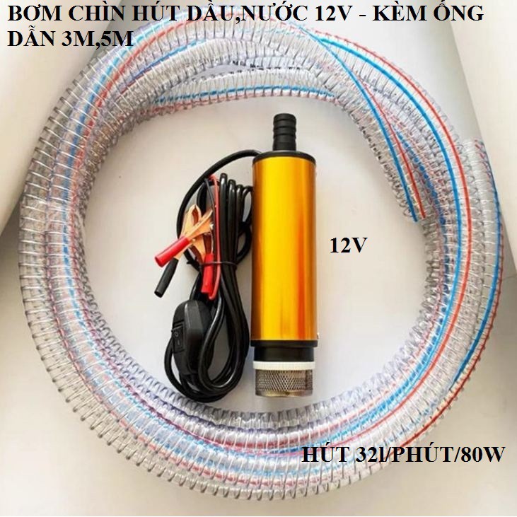 Máy bơm chìm hút dầu mini 12V - máy bơm hút dầu ,hút nước mini 12V kèm ống