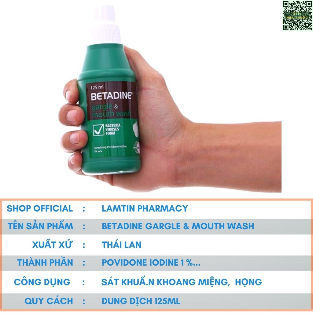 BETADINE Nước súc họng Gargle & Mouth Wash 125ml, hỗ trợ viêm họng, do trào ngược DD