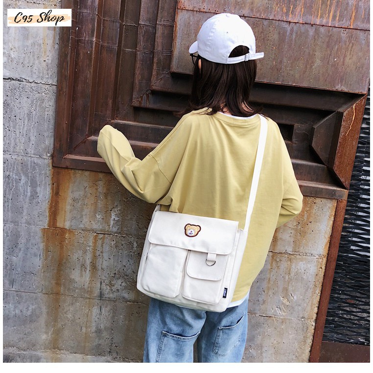 Túi tote đeo chéo nam nữ unisex hình in gấu teddy có túi con, T020