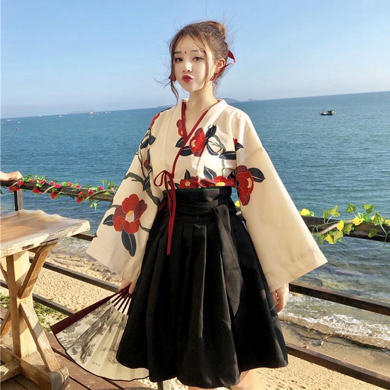 Chinese style Hanfu women's new suit improved printed tops women's high waist skirt two-piece suit