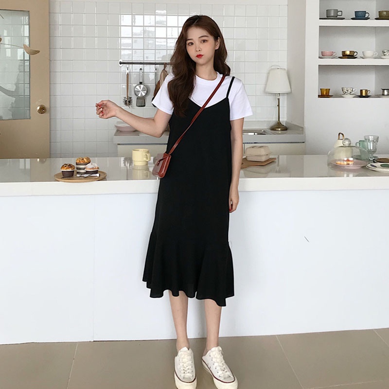 Đầm Đuôi Cá Hai Dây Màu Đen Thời Trang Theo Phong Cách Hàn Quốc