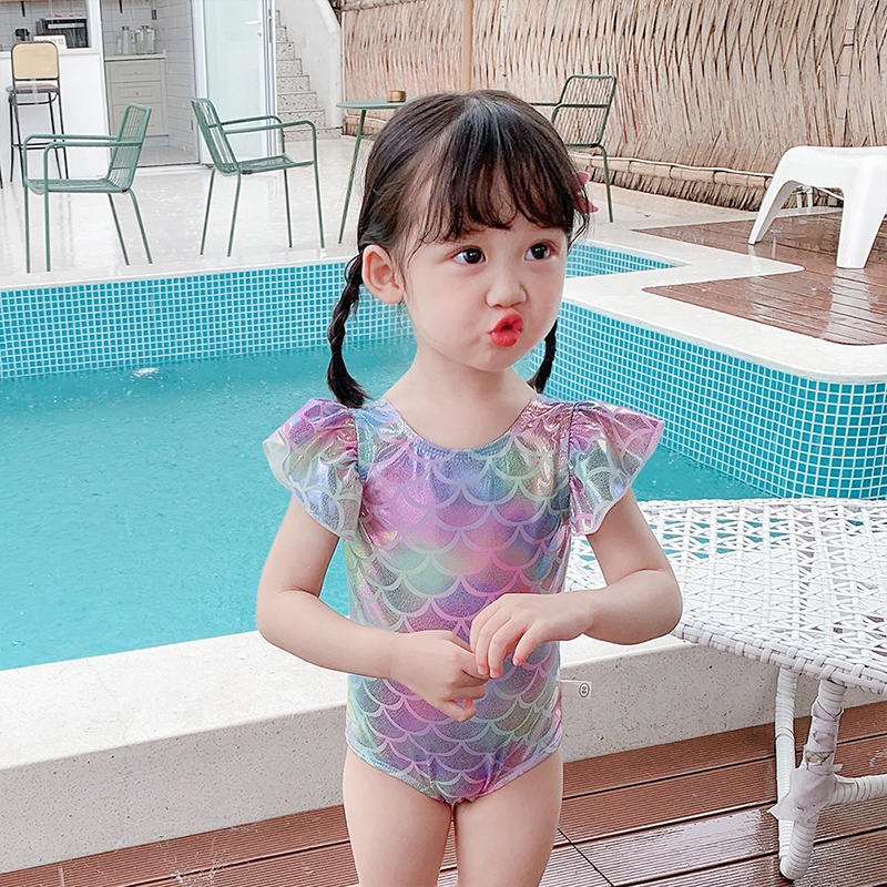 Áo tắm cho bé gái Thiết kế Hàn Quốc dễ thương cung tiên cá mũ băng đô cầu vồng Bộ đồ bơi Quần áo trẻ em Quần áo bơi AKKU