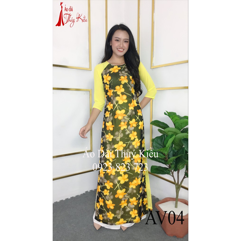 Áo dài Thúy Kiều in 3D lụa chi phông 4 lớp hoa vàng AV04