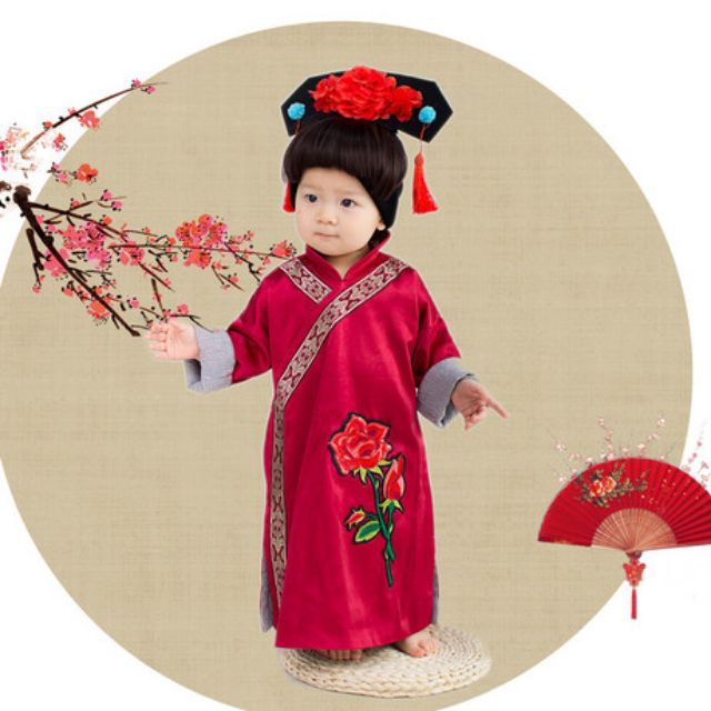 Combo áo dài và lúp đội đầu cho bé