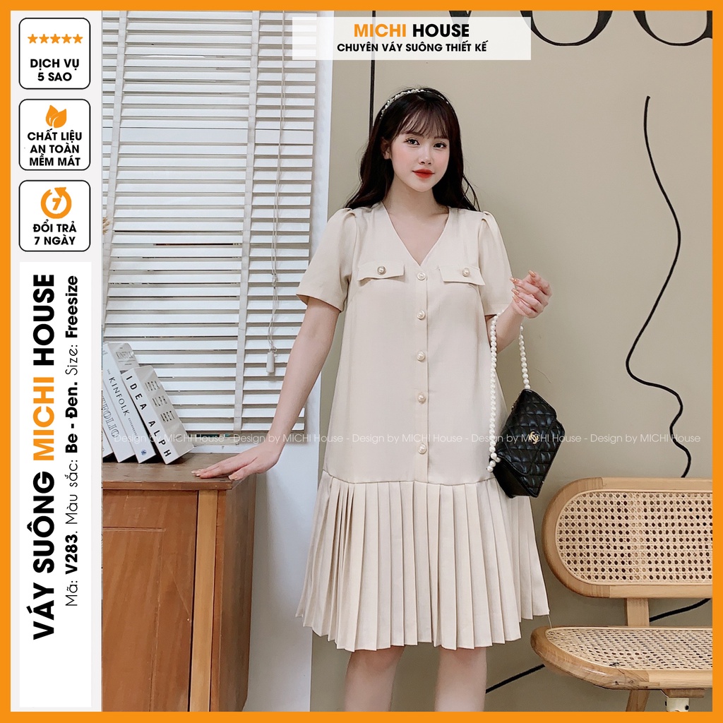 Váy Suông Công Sở Dáng Rộng V283 Đầm Xuông Thiết Kế Cổ V Chân Váy Xếp Ly Mặc Bầu Xinh