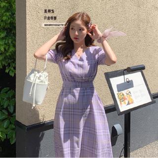 Đầm Nữ Dáng Dài Kẻ Sọc Caro Phong Cách Retro Hàn Quốc