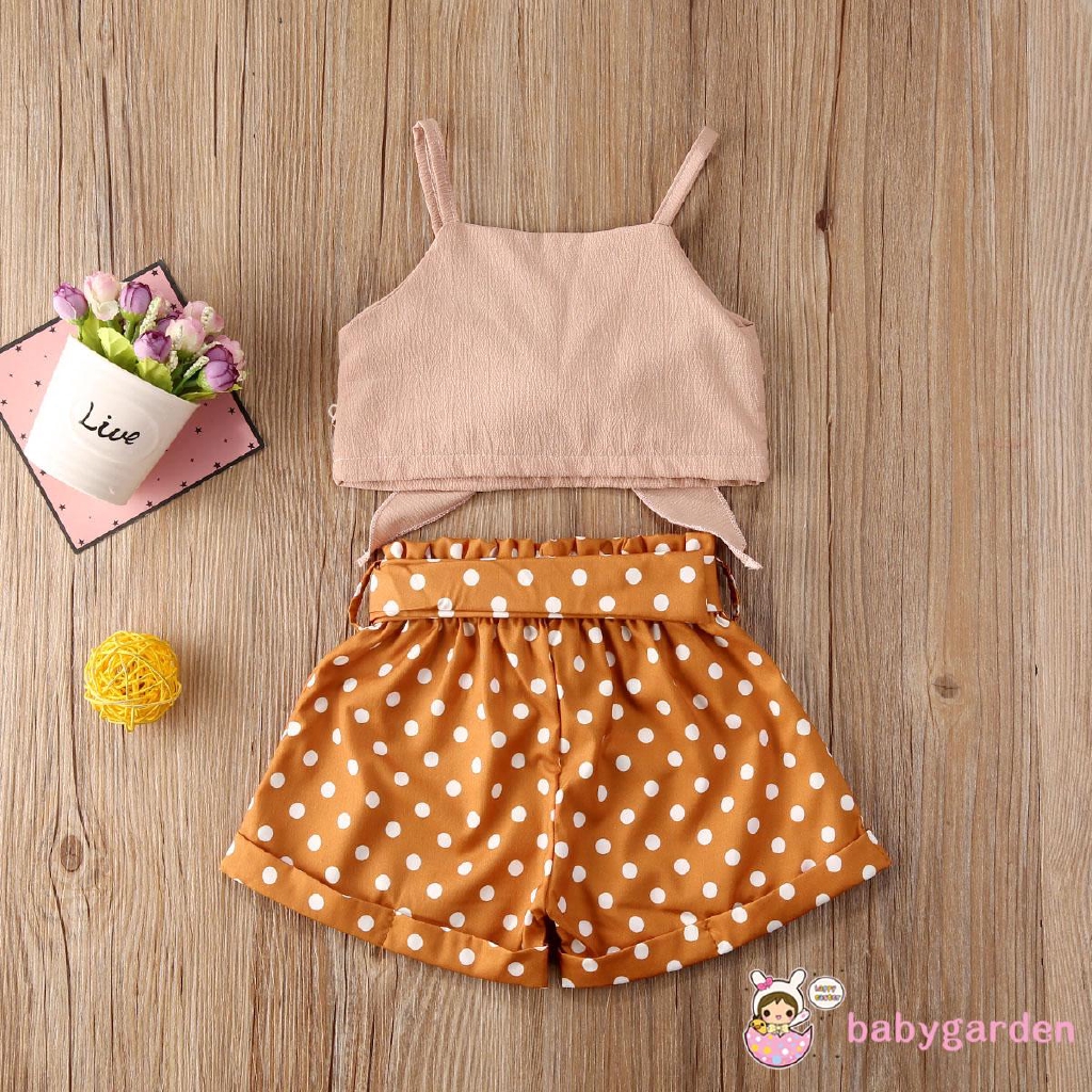 Set Áo Croptop Và Quần Sọt Hoạ Tiết Chấm Bi Cho Bé Gái