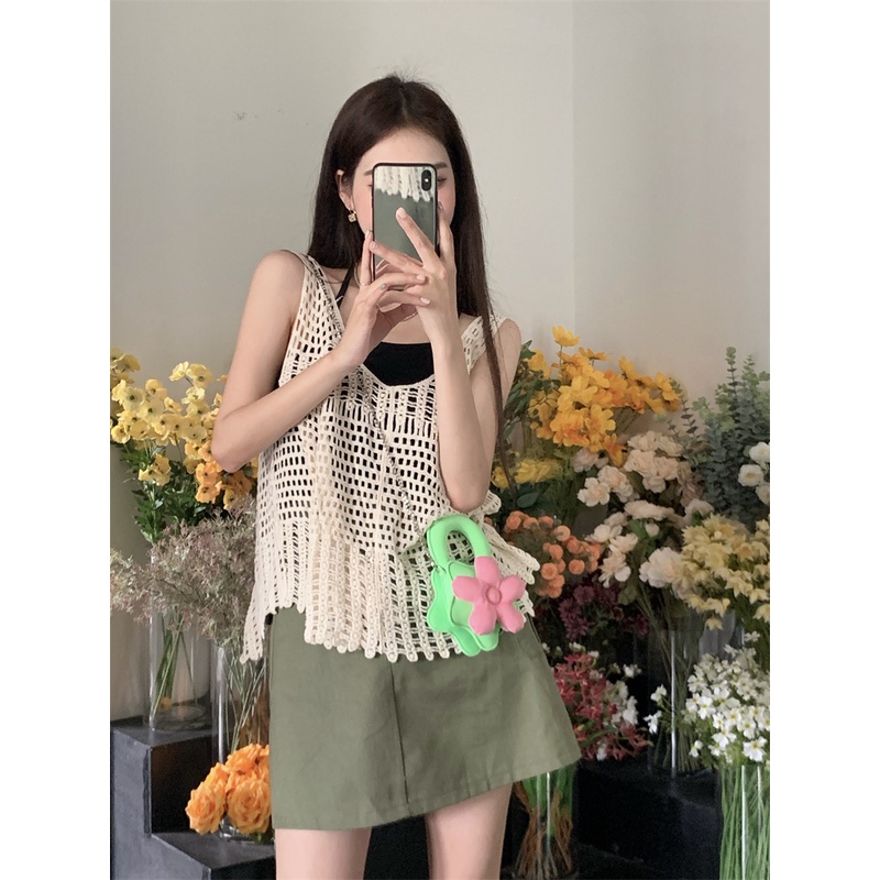 Cocory vn Áo Croptop Dệt Kim Thiết Kế Khoét Lỗ Quyến Rũ