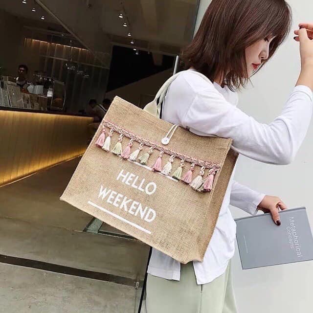 Túi cói hello weekend tua rua siêu đẹp, túi cói đi biển, túi du lịch