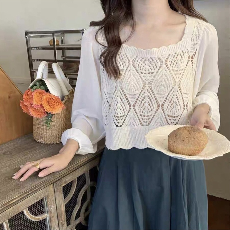 Áo Croptop Dệt Kim Vải Voan Tay Dài Phồng Cổ Vuông Màu Trơn Đính Kim Cương Giả Kiểu Pháp Cho Nữ
