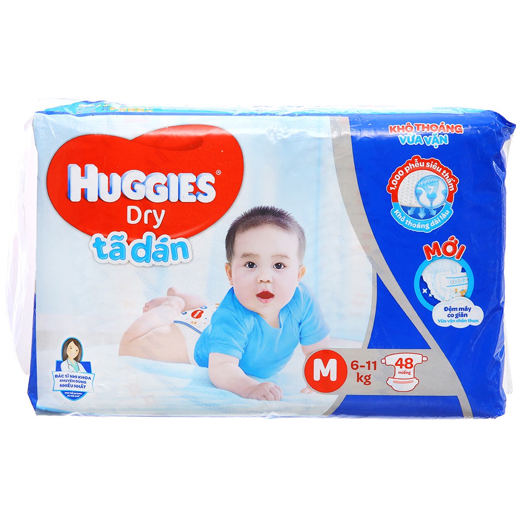 [CHÍNH HÃNG] Bỉm - Tã Dán Huggies Dry Size M48 Miếng (Cho bé 6-11kg)