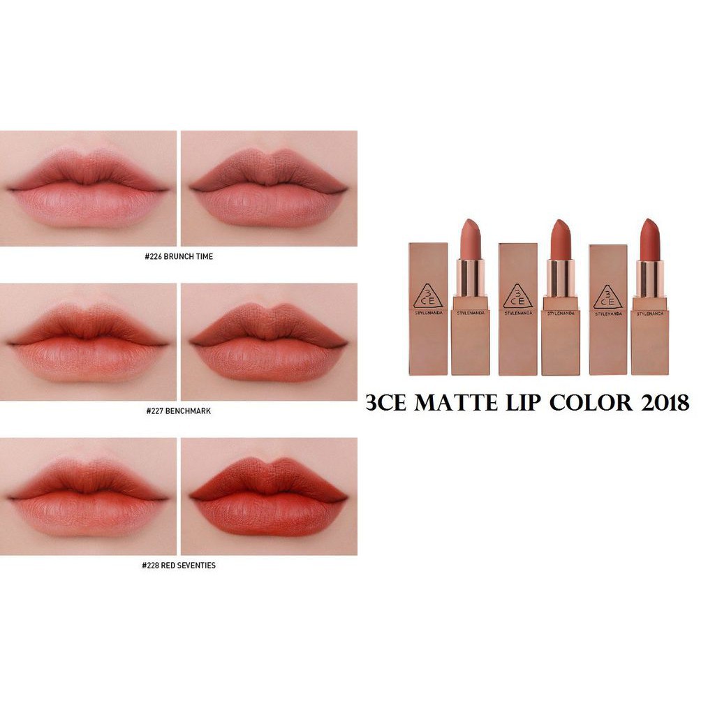 Son thỏi siêu dưỡng 3CE Lip Color Matte  #227 Cam Đất Benchmark Auth Hàn Quốc