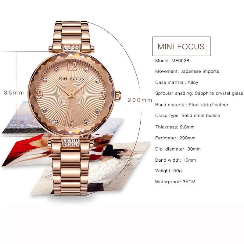 [CHÍNH HÃNG] Đồng hồ nữ MINI FOCUS MF038S mặt vát 3D kim cương dây thép chống rỉ | BigBuy360 - bigbuy360.vn