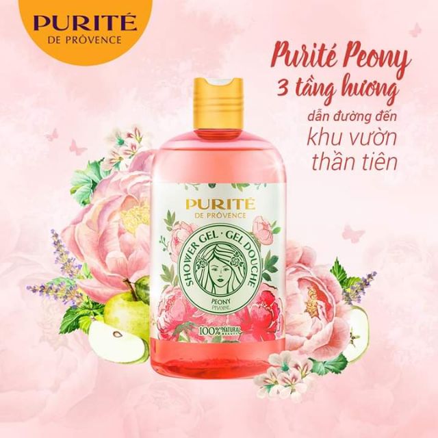 Sữa Tắm Purite Hương Hoa Mẫu Đơn Peony và dưỡng da bơ đậu mỡ 500Ml - gel tắm thiên nhiên dịu nhẹ