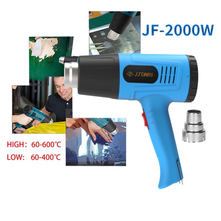 Máy khò nhiệt cầm tay 2000W JFTOOIS đóng gói hàng hóa, dán decal