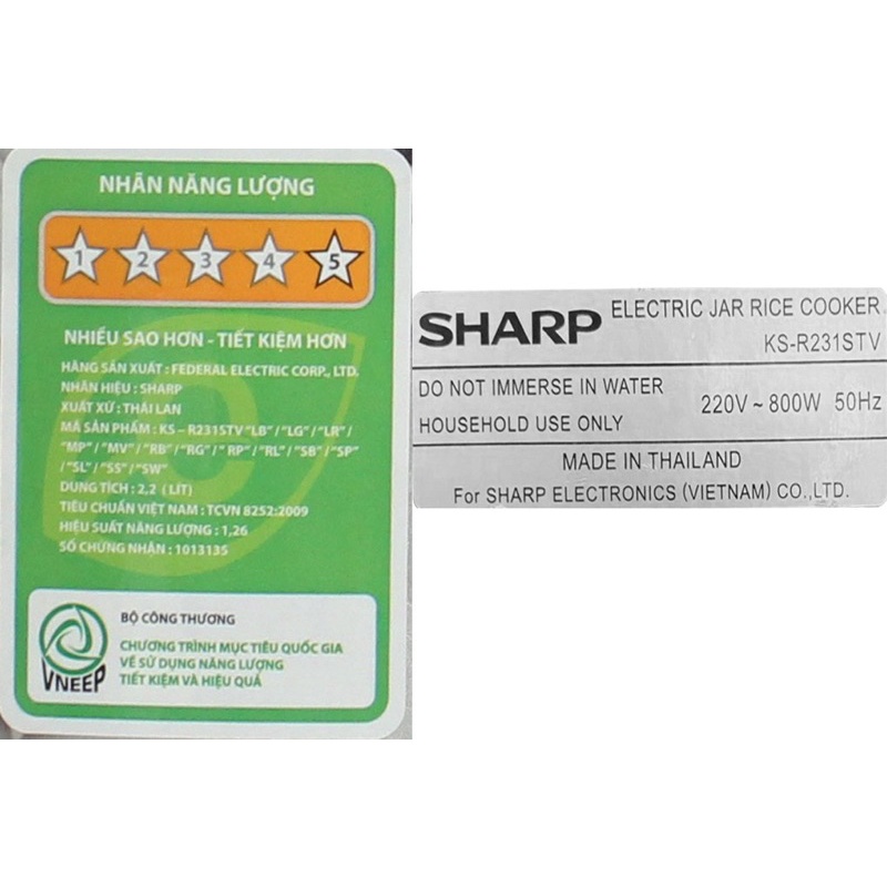 Nồi cơm điện Sharp 2.2 lít KS-R231STV - Hàng chính hãng