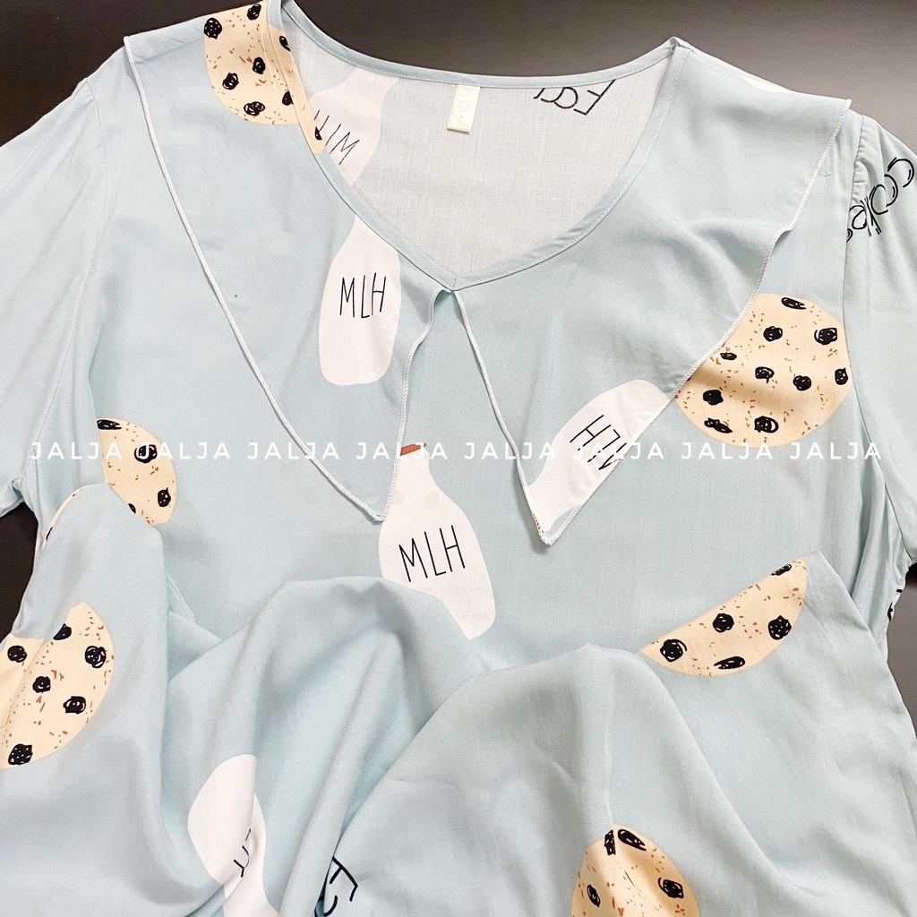Váy ngủ mặc nhà đuôi cá tay cộc vải lụa tici mềm mịn thoáng mát họa tiết dễ thương tiểu thư JALJA Vay03