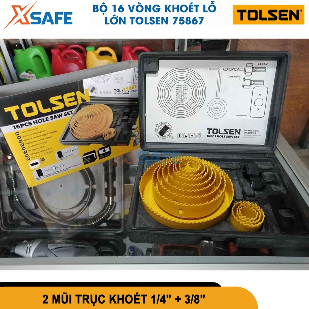 Bộ khoét lỗ tròn Tolsen 75867 16 chi tiết nhiều kích thước, kết hợp với máy khoan chuyên dụng khoan gỗ, thạch cao[XSAFE]