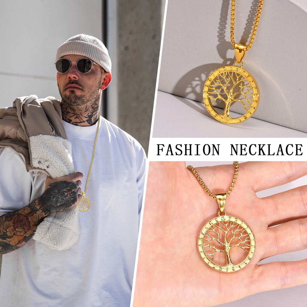 Vòng cổ Bằng Thép Không Gỉ Mặt Hình Cây Sự Sống Màu Đen Bạc Cá Tính Thời Trang Thường Ngày Cho Nam