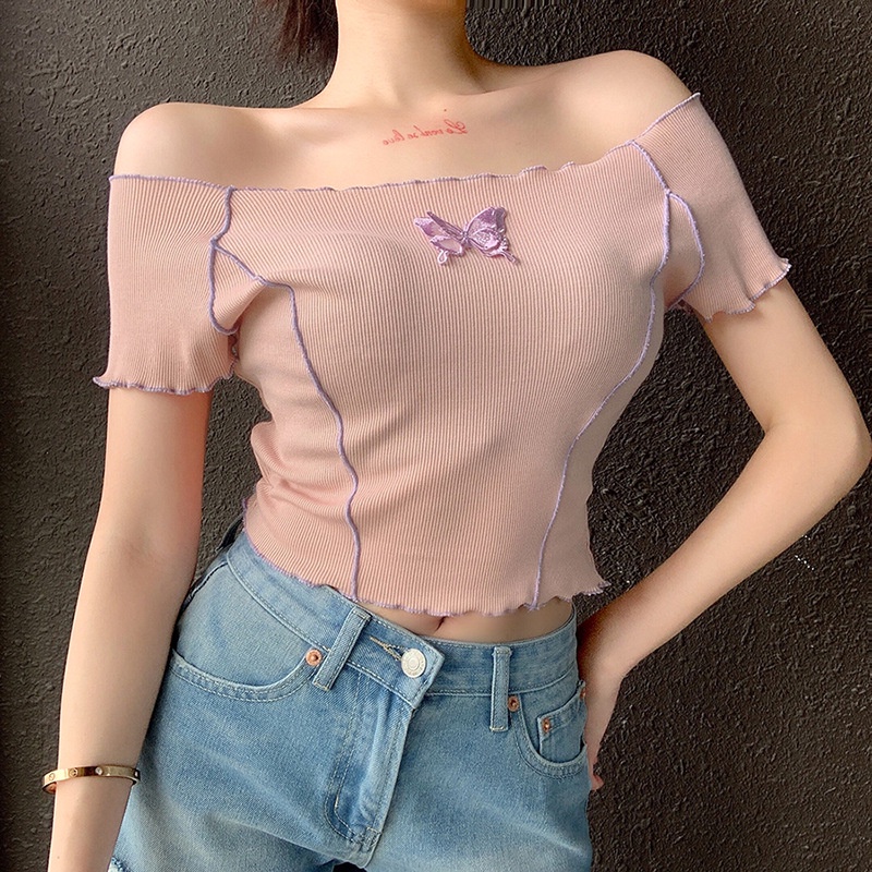 Áo Croptop Tay Ngắn Hoạ Tiết Bướm Thêu Cho Nữ J0P