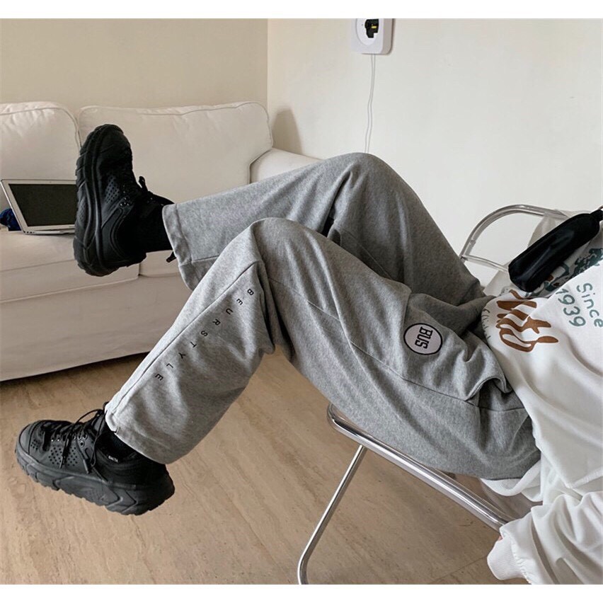 Quần nỉ jogger 🦋 thêu chữ BUS dáng suông thể thao ống rộng 3 màu chất vải cotton dày dặn mềm mịn