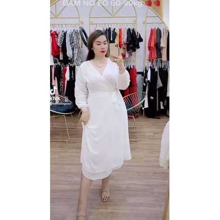 Đầm von bigsize midi tay dài cổ đắp chéo 60-90kg size L-XL-XXL màu đen/ trắng Shop táo đỏ bigsize