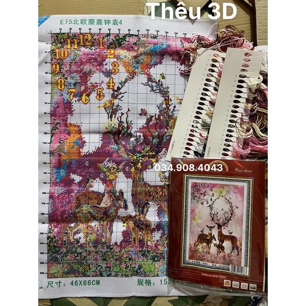 TRANH THÊU ĐỒNG HỒ HƯƠU NAI TÀI LỘC E75 (45X65)