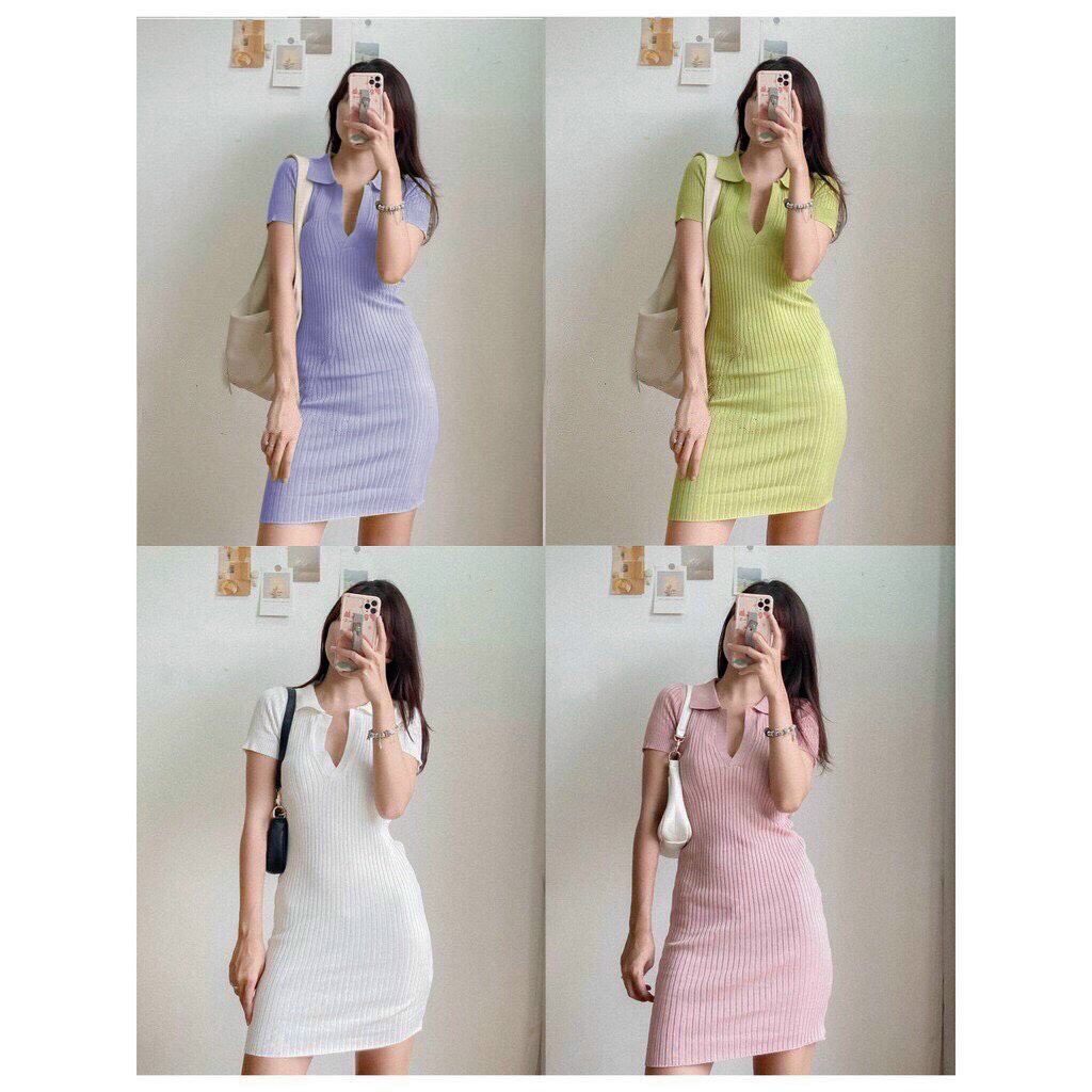 Đầm len tăm phối cổ sơ mi dáng body ôm eo vải co giãn về 4 màu trắng hồng nhạt tím và nõn chuối siêu xinh