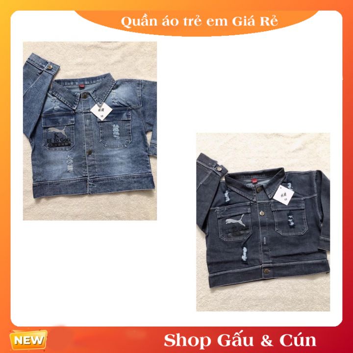 Áo khoác bò cho bé trai phối kiểu rách in hình puma túi và sau lưng size 18-22kg