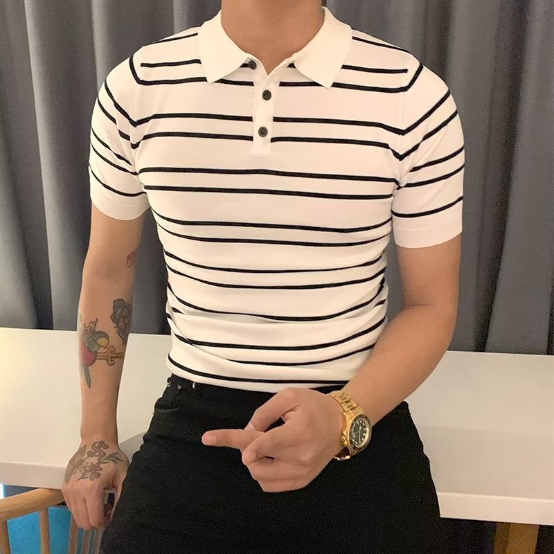 Áo Thun Polo Mỏng Tay Lửng Họa Tiết Kẻ Sọc Trắng Đen Dễ Phối Đồ Thời Trang Mùa Hè Cho Nam Size M-3XL