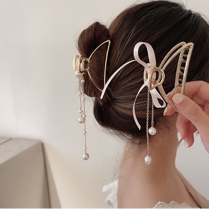 Kẹp Tóc Kim Loại Hình Nơ Đính Hạt Giả Ngọc Trai
