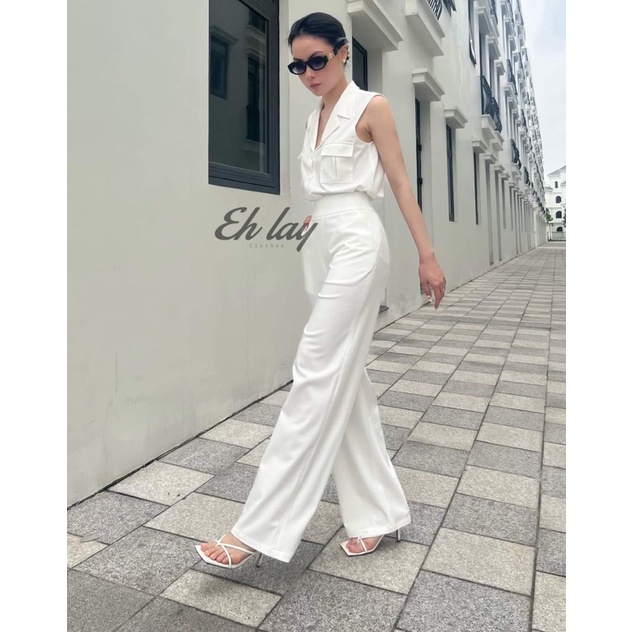 Set vest sát nách quần ống suông túi hộp thiết kế cao cấp vải đũi lạnh