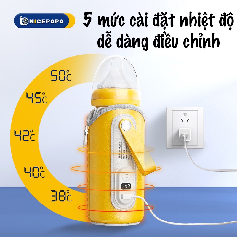 [Mẫu mới 2022] Túi hâm sữa cơ động 5 mức cài đặt nhiệt Nicepapa Portable Insulation USB Travel Baby Bottle Warmer Nice P