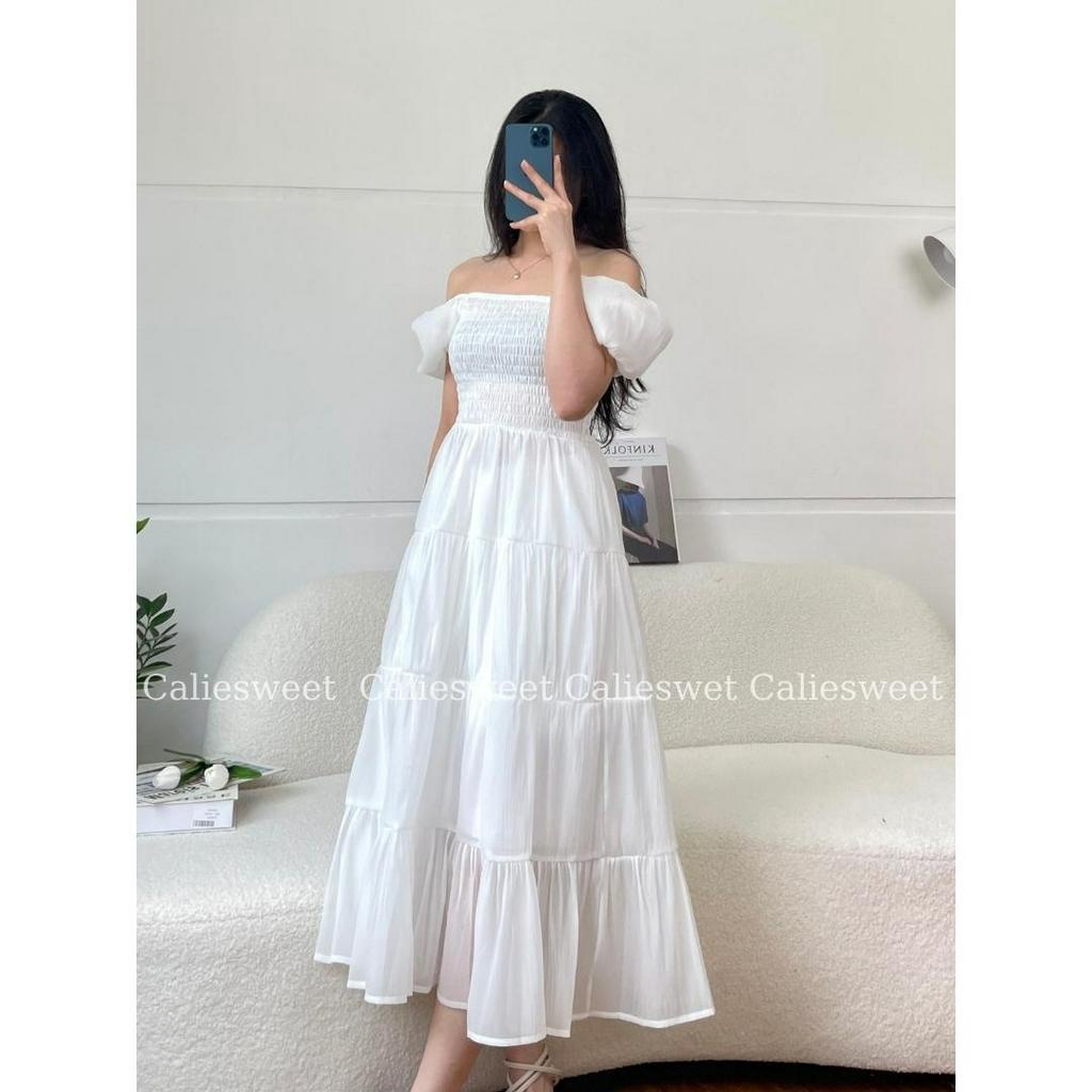 Váy maxi tay bồng Caliesweet váy maxi cổ vuông 2 lớp tôn dáng phong cách điệu đà