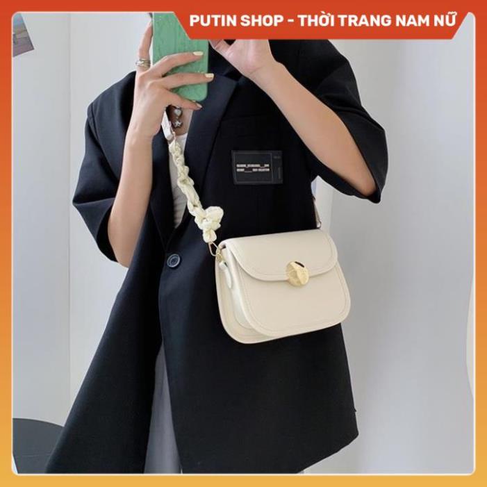 Túi đeo chéo nữ WAP HOUSE đi du lịch,  Túi xách thời trang trắng đen kem viền nâu quai tết phong cách châu âu