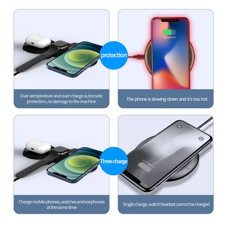 Đế Sạc Nhanh Không Dây 15W 3 Trong 1 Có Nam Châm Cho iPhone 13 12 11 X XS Pro Max Airpods Apple iWatch Samsung S21 S20