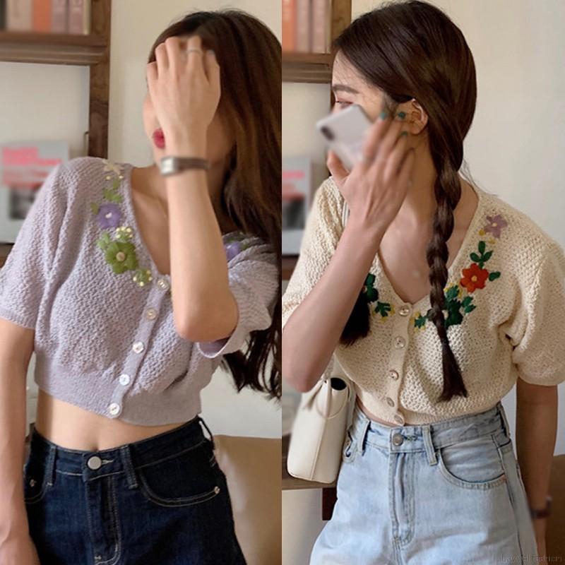 [Baywellfashion]Áo Cardigan Dệt Kim Tay Ngắn Cổ Chữ V Hoạ Tiết Hoa Thêu Phong Cách Retro Cho Nữ | BigBuy360 - bigbuy360.vn