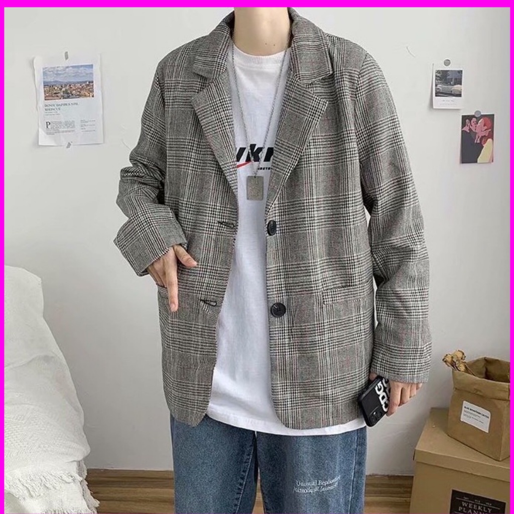 Áo blazer nam kẻ caro kiểu dáng thanh lịch  phong cách Hồng Kông 2021