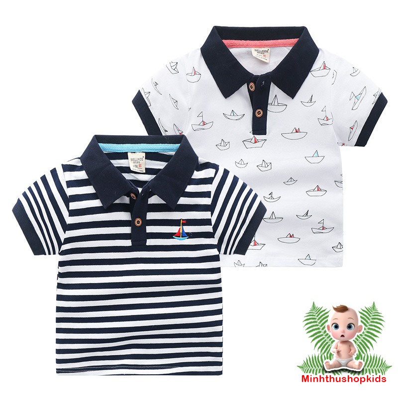 Áo Polo bé trai WELLKIDS  áo có cổ cho bé họa tiết thuyền QATE 522