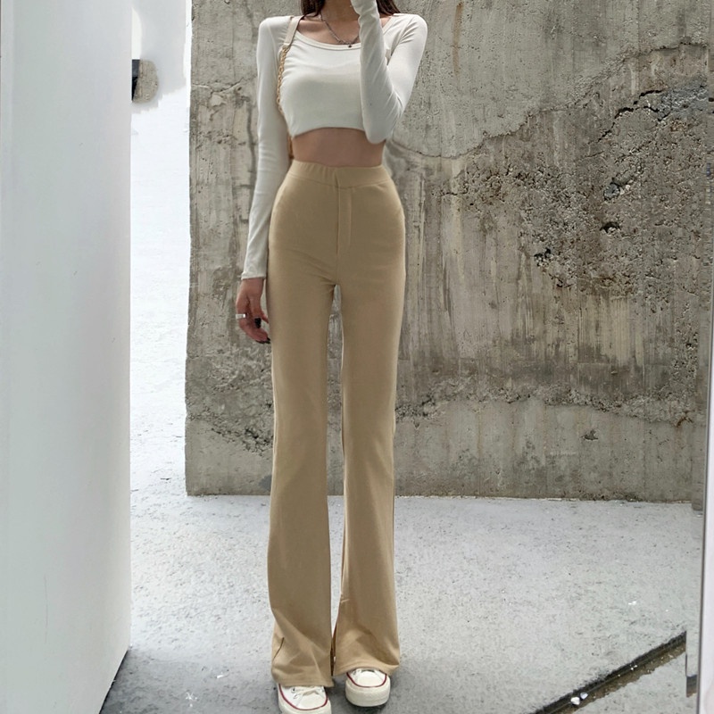 Quần dài sát đất ống thẳng xẻ tà lưng cao dáng rộng thời trang thu đông dành cho bạn nữ